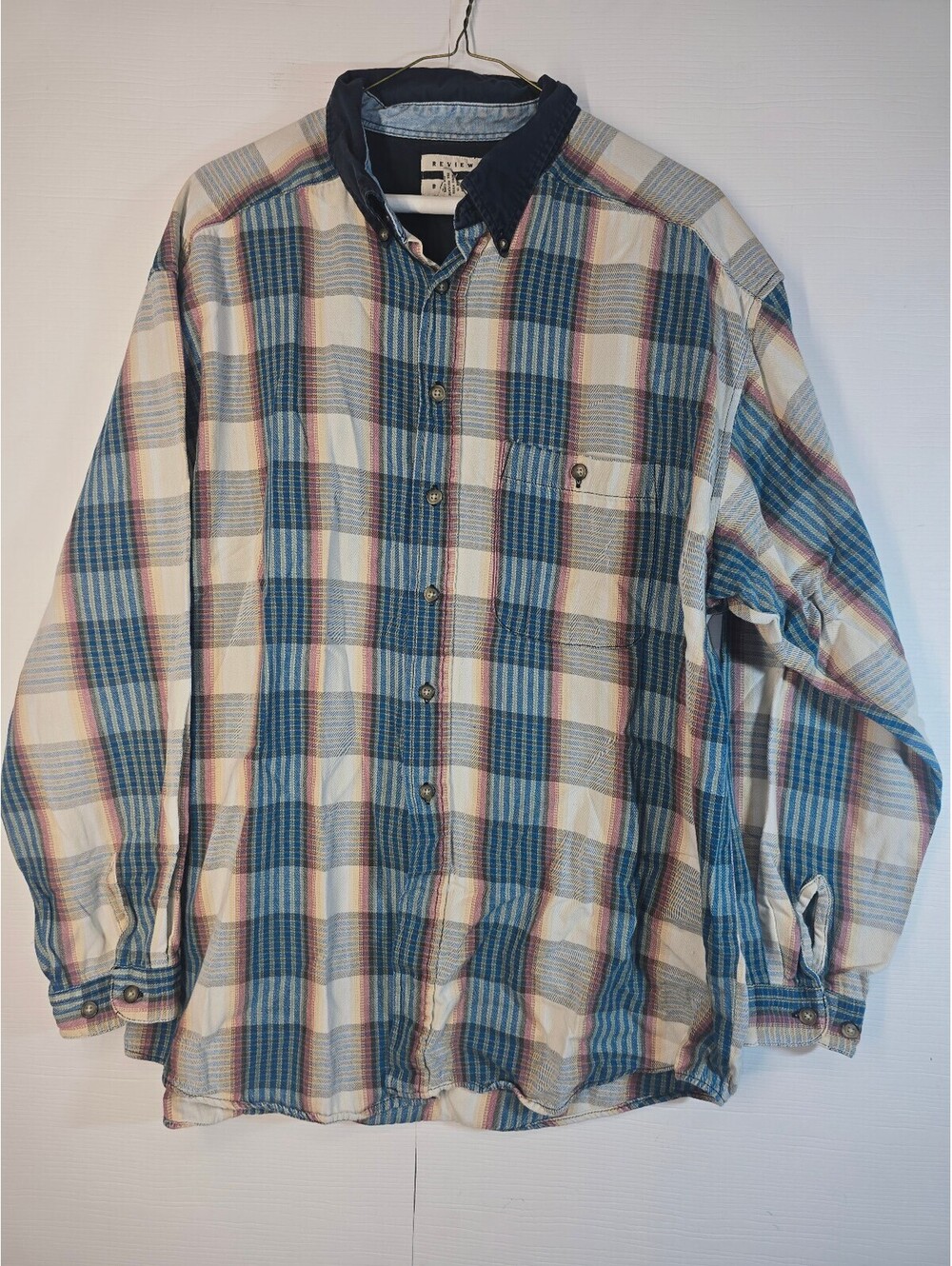 Vintage Review By Baxter Mens XL Blue Cream Plaid Button Down Shirt Denim Collar